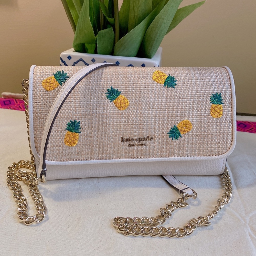 kate spade Pineapple Embroidered Straw Crossbody Bag in Yellow, Green, Cream